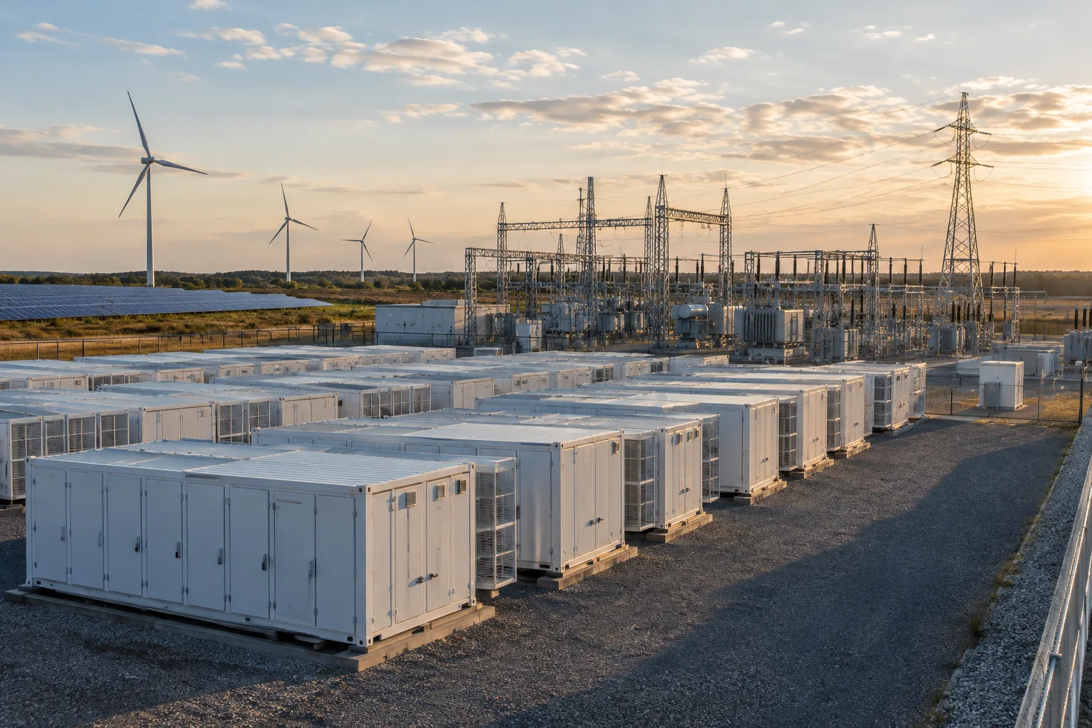 Conteneurs de batteries raccordés à une sous-station électrique.