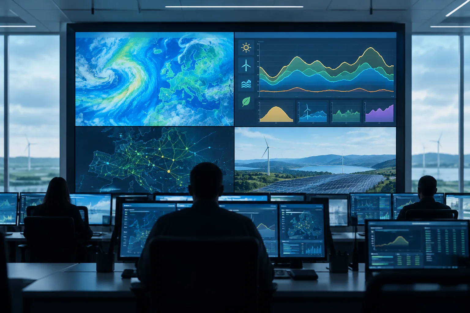 Salle de conduite du réseau électrique avec des écrans consacrés à la météo et à la production renouvelable.