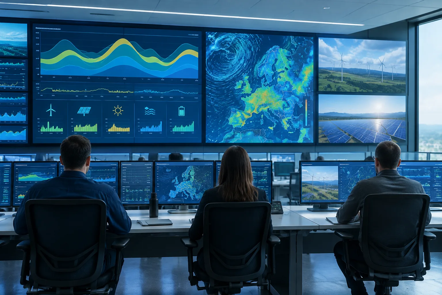 Salle de conduite électrique avec des écrans de suivi de la production renouvelable et des prévisions météorologiques.