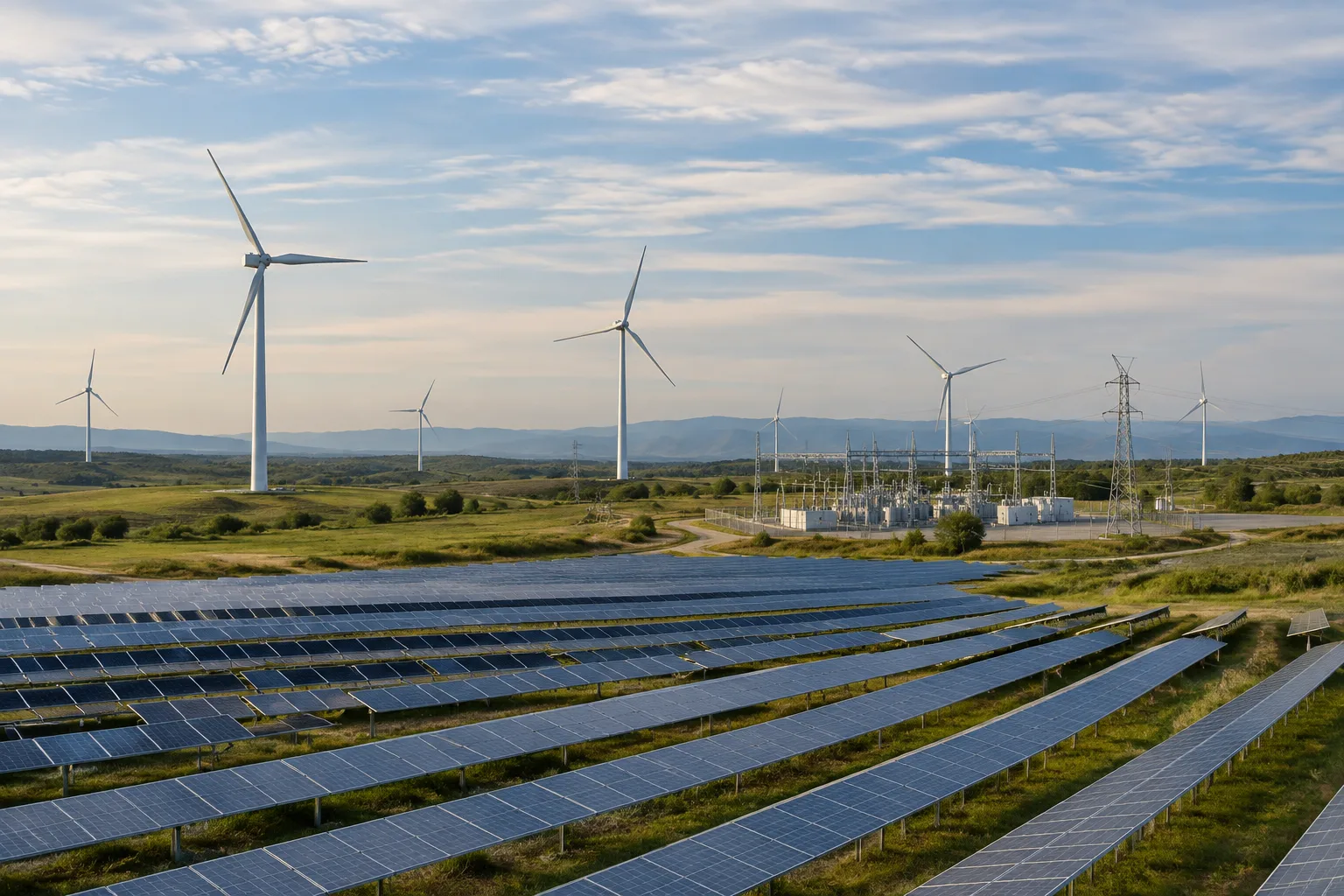 Éoliennes et panneaux solaires raccordés au réseau sous un ciel nuageux.