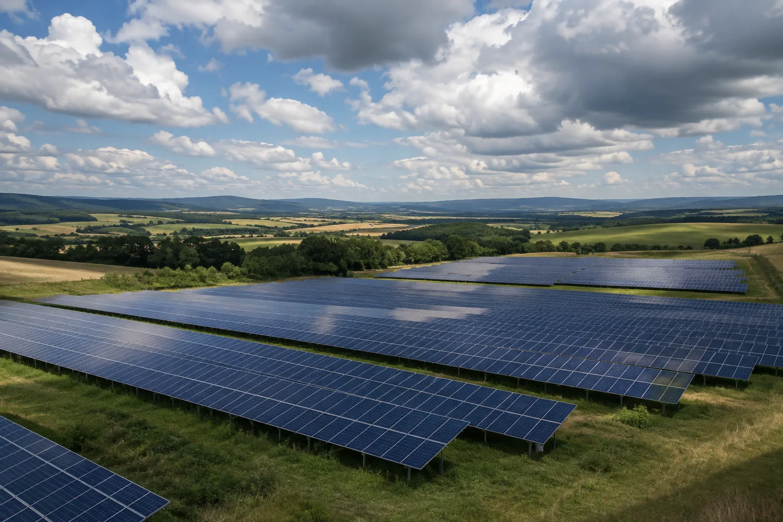 Panneaux photovoltaïques sous un ciel partiellement nuageux.