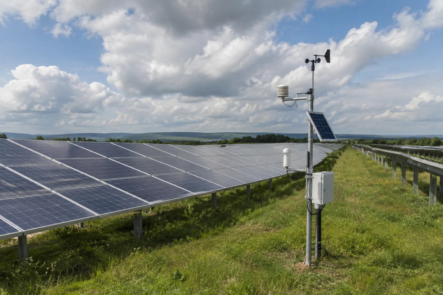 Panneaux photovoltaïques installés près d’une station de mesure météorologique sous un ciel nuageux.