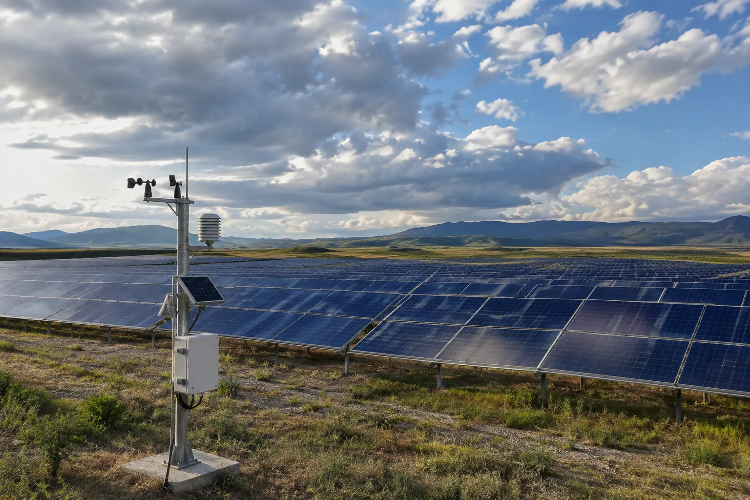 Des panneaux photovoltaïques sous un ciel partiellement nuageux, avec une station météorologique au premier plan.