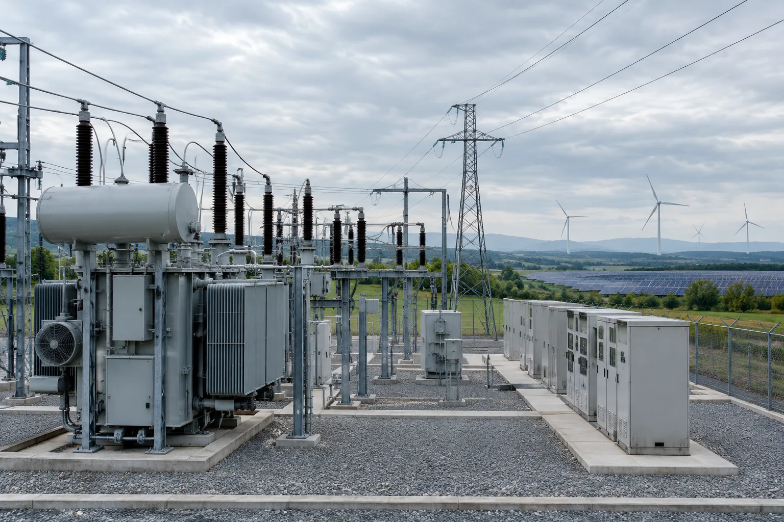 Poste électrique relié à des lignes de distribution, avec des éoliennes et des panneaux solaires à l’horizon.