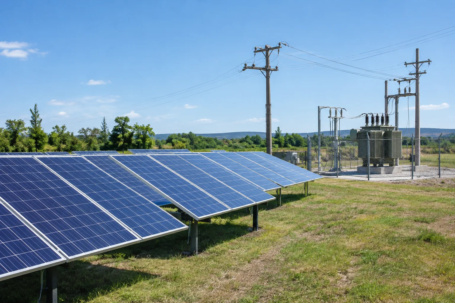 Panneaux photovoltaïques raccordés à une ligne de distribution électrique.
