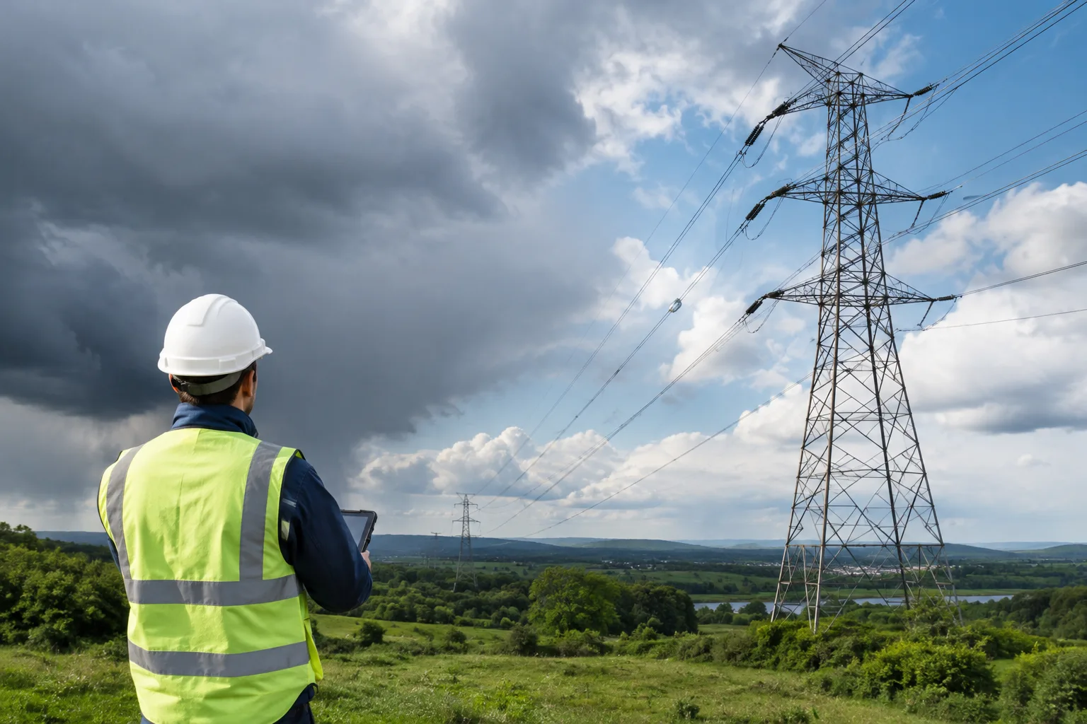 Lignes électriques aériennes équipées de capteurs dans un paysage ouvert.