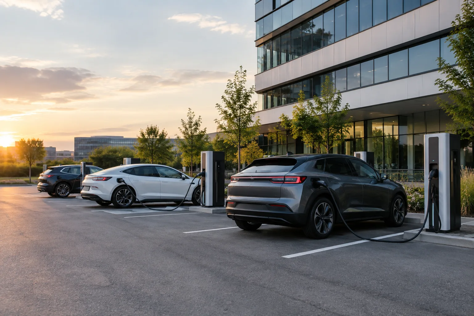 Véhicules électriques branchés à des bornes de recharge bidirectionnelle devant un bâtiment.