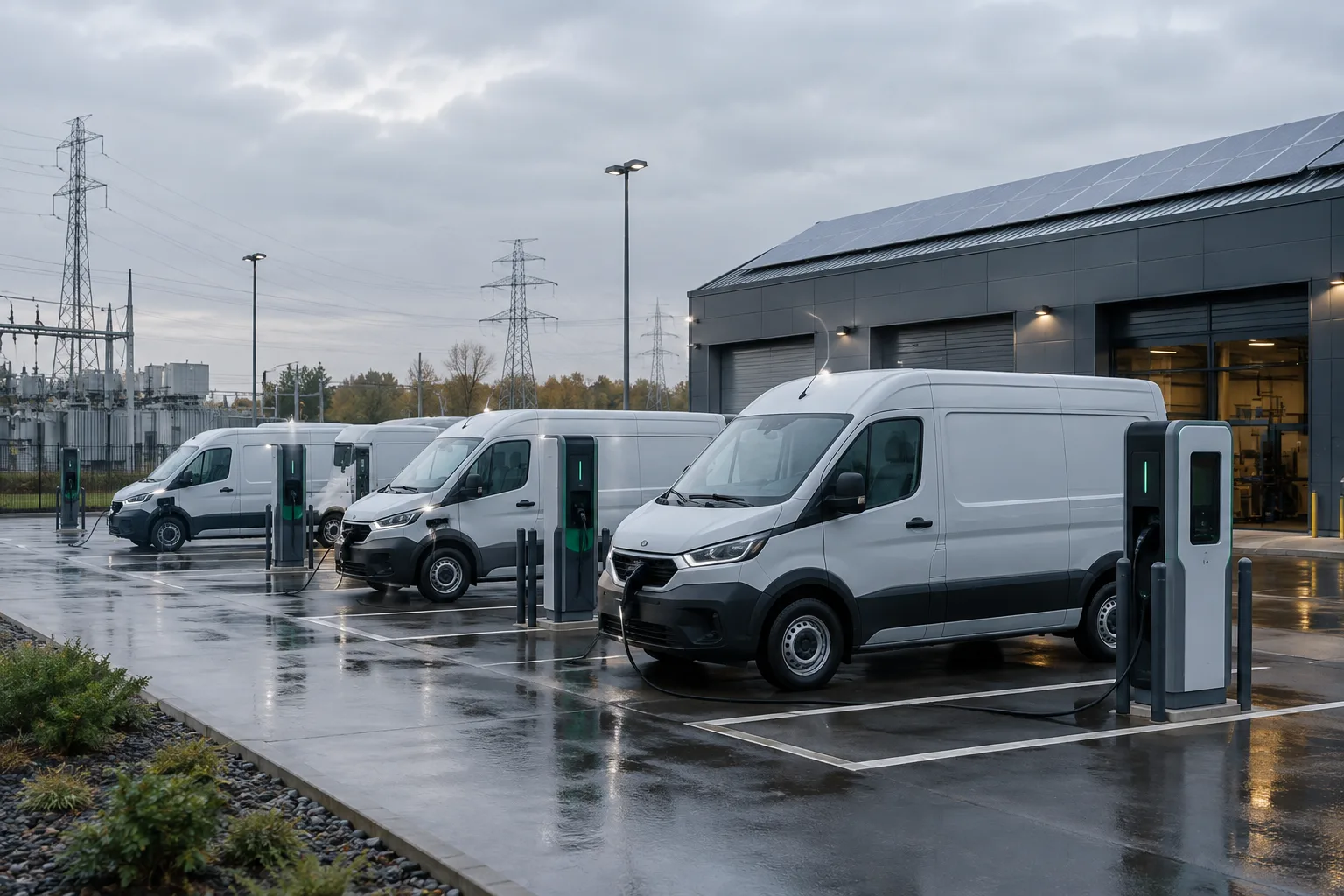 Des véhicules électriques branchés à des bornes de recharge dans un dépôt équipé de panneaux solaires.