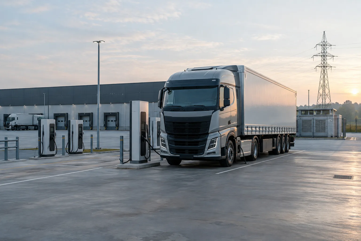 Un camion électrique branché à une borne de recharge dans un dépôt logistique.
