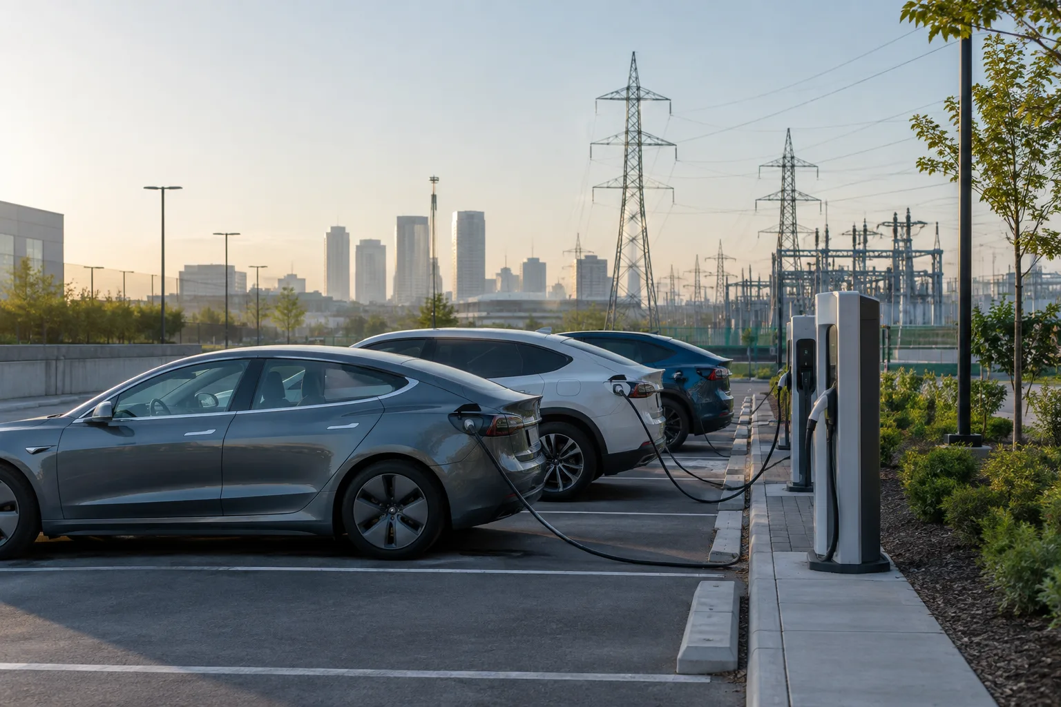 Plusieurs voitures électriques branchées à des bornes de recharge dans un parking urbain.