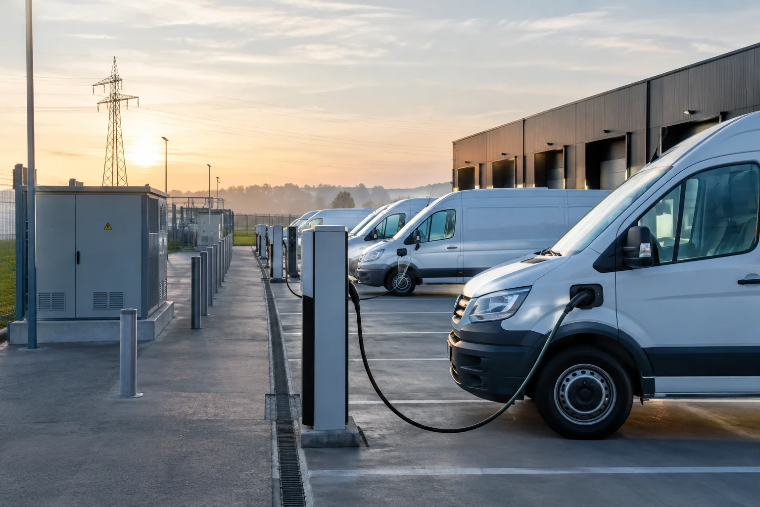 Des véhicules électriques de flotte rechargent au dépôt sur des bornes reliées à une infrastructure électrique.