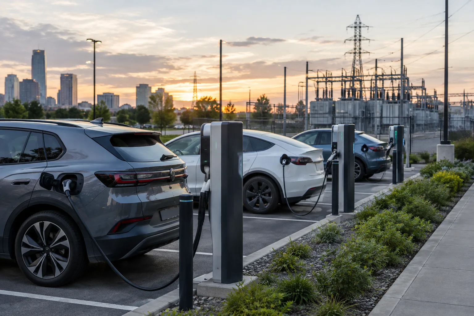 Véhicules électriques branchés à des bornes de recharge dans un parking urbain.