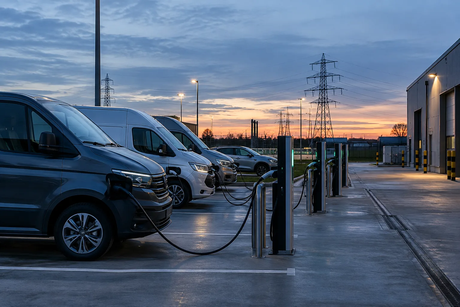 Véhicules électriques branchés à des bornes dans un dépôt, où leur recharge peut être coordonnée.