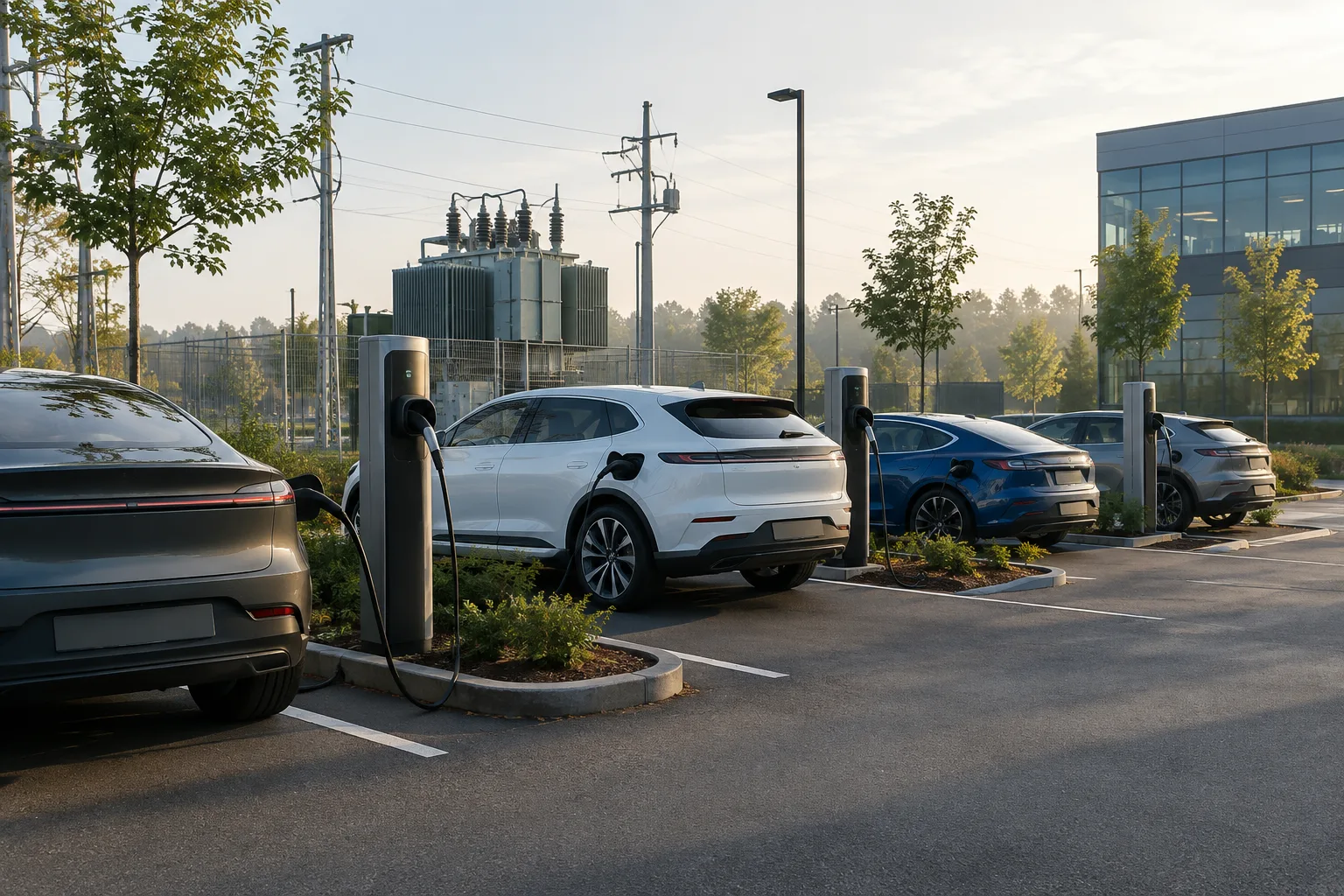 Véhicules électriques branchés à des bornes de recharge sur un parking.