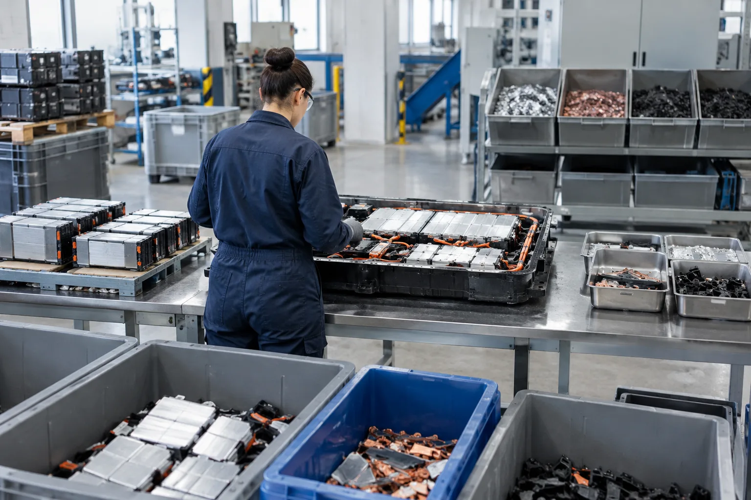 Modules de batteries démontés et composants triés dans une installation de recyclage.