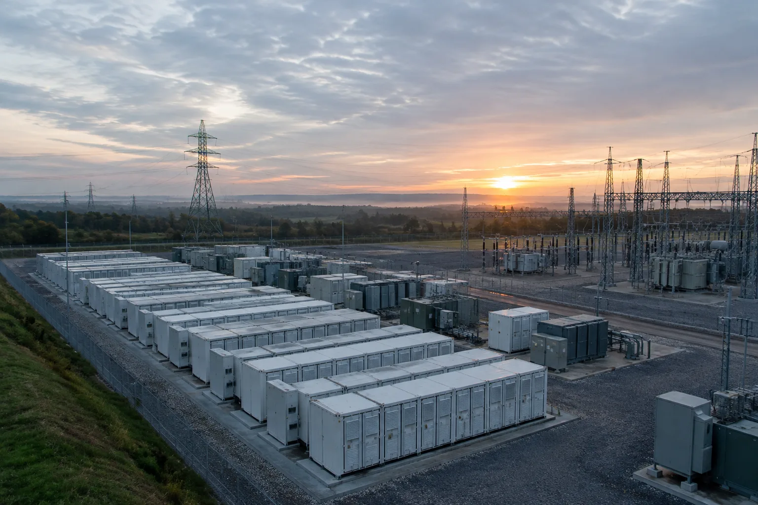 Des conteneurs de batteries de grande capacité installés près d’un poste électrique.