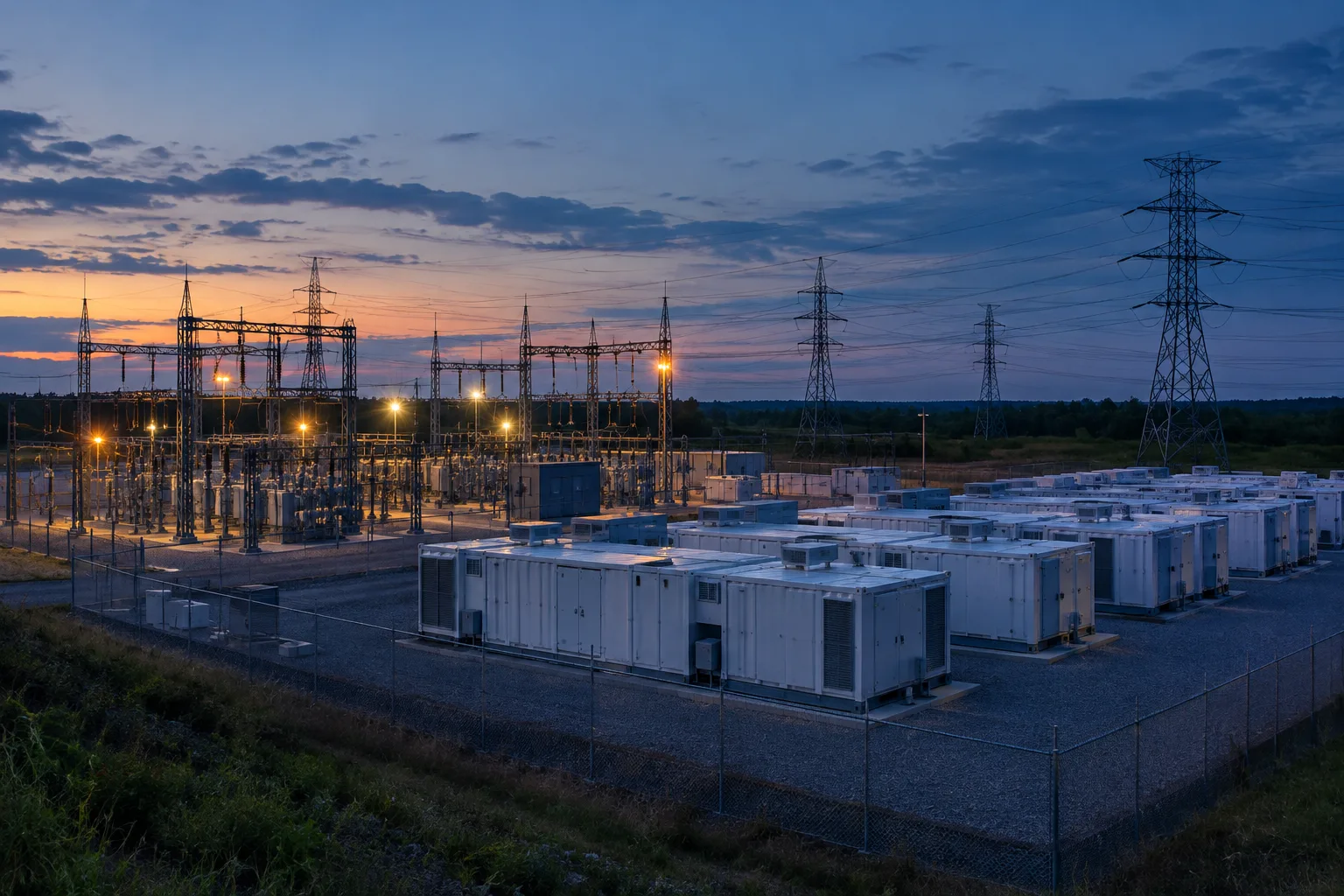 Batteries de stockage à proximité d’un poste électrique au crépuscule.