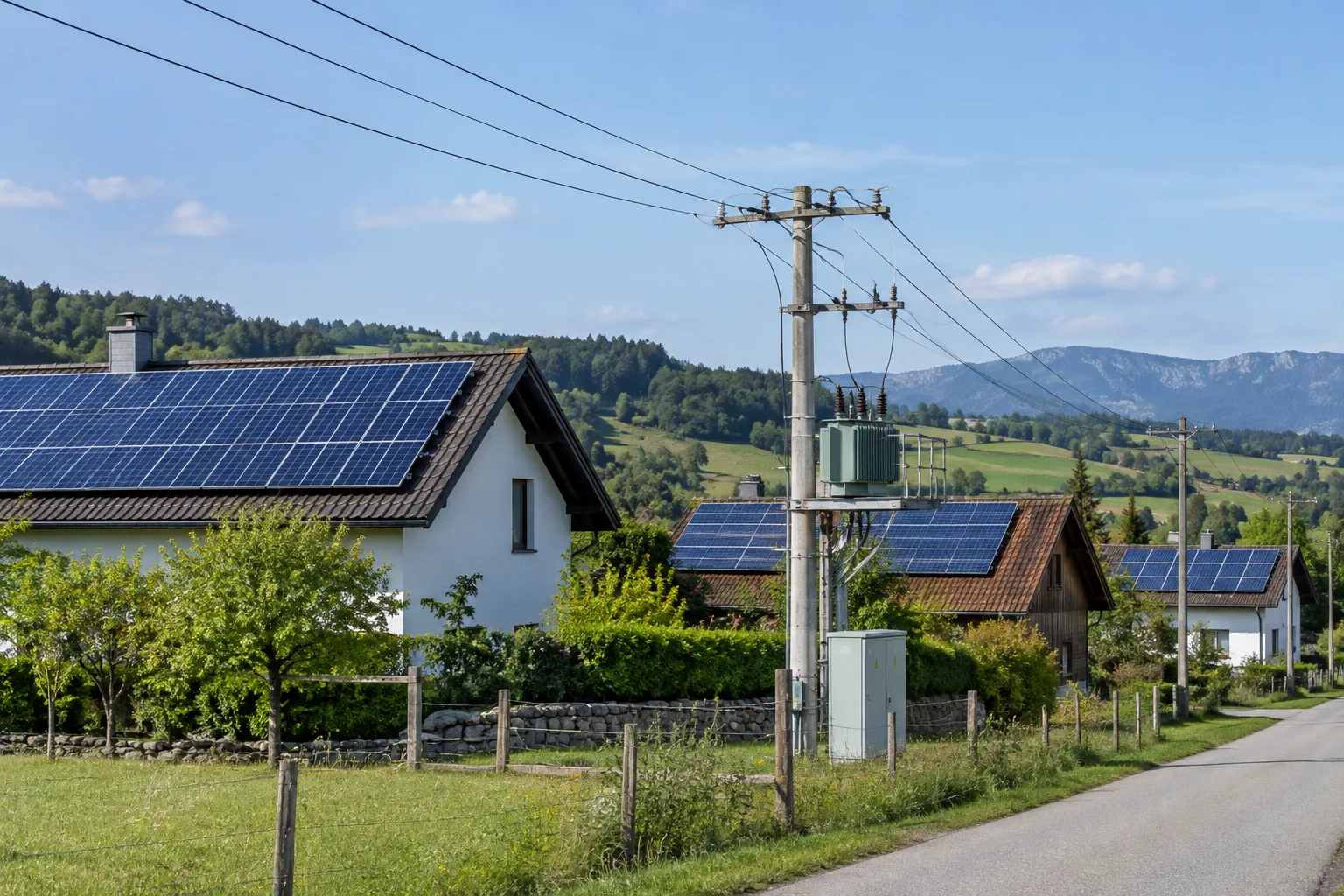 Panneaux photovoltaïques raccordés à une ligne de distribution et à un transformateur électrique.