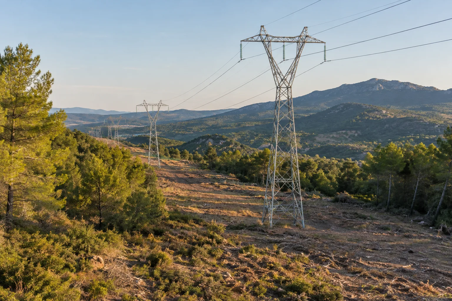 Lignes électriques traversant une lisière forestière entretenue dans une région sèche.