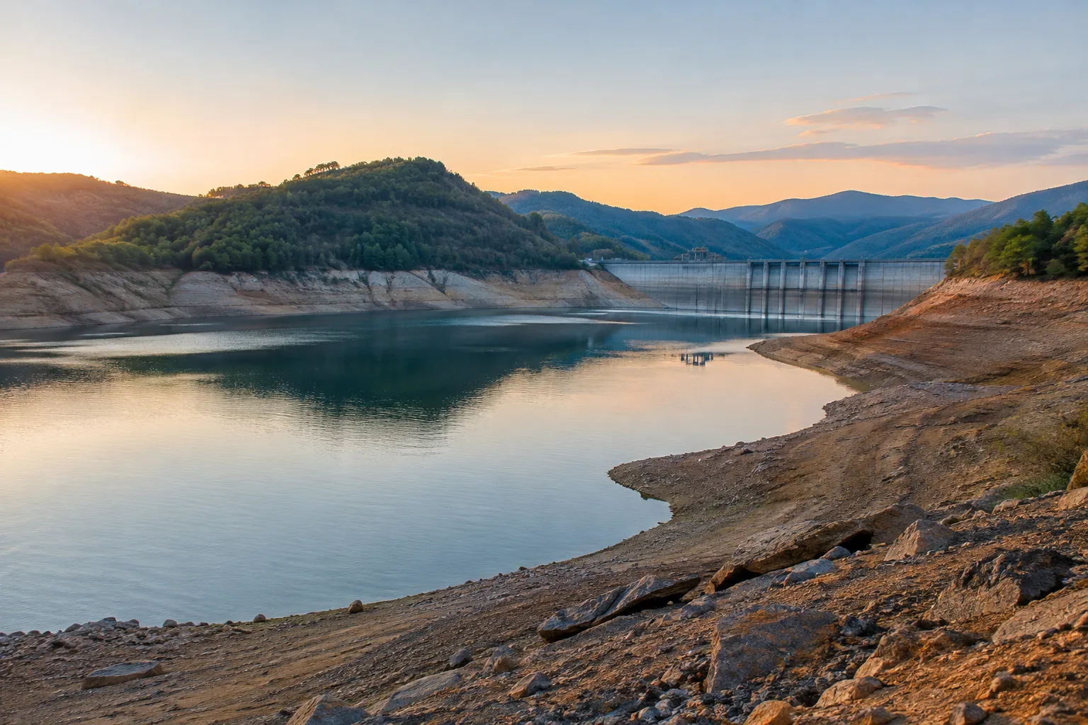 Réservoir hydroélectrique à niveau bas, avec une bande de rive découverte pendant une période sèche.