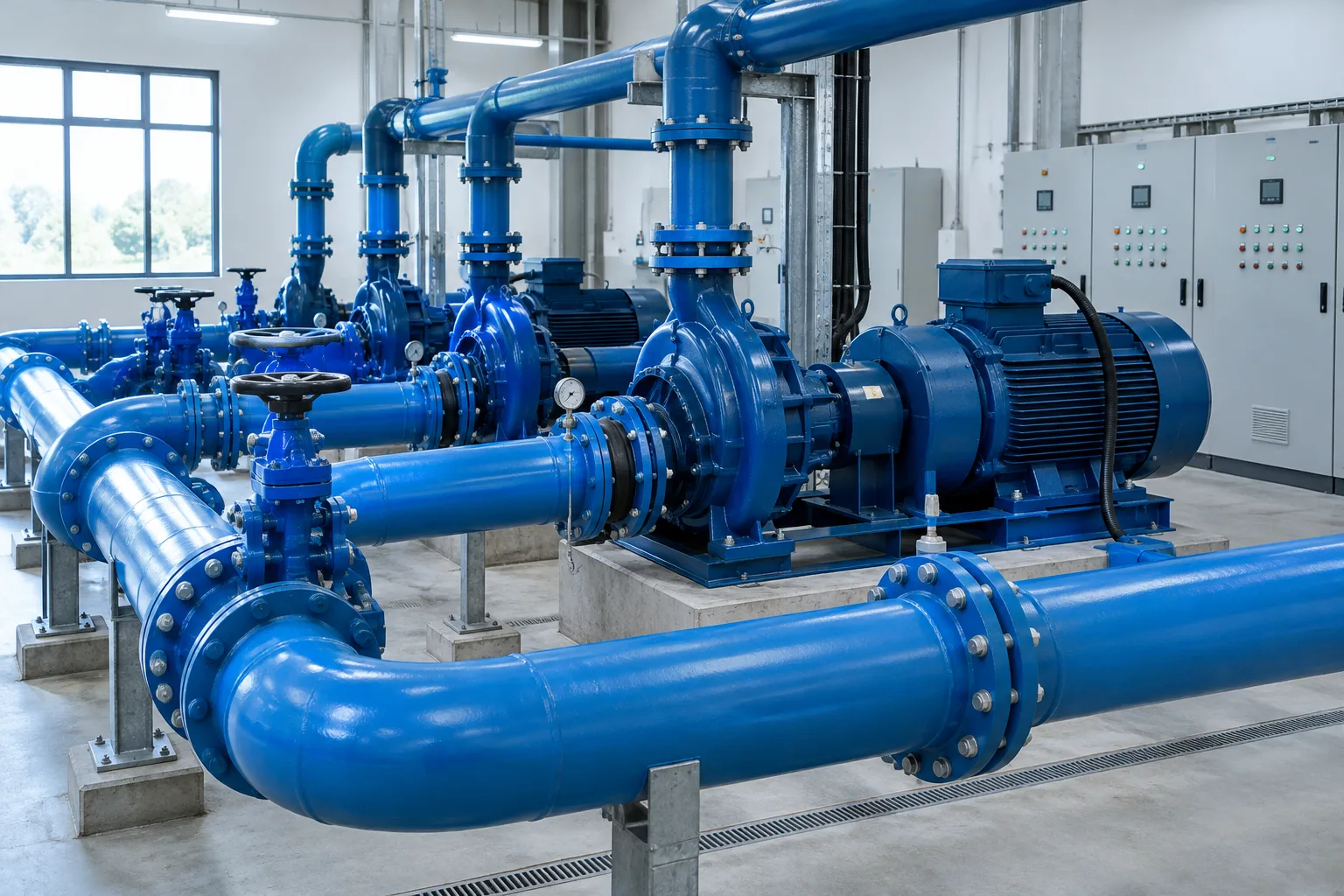Pompes et conduites dans une station de distribution d’eau potable.