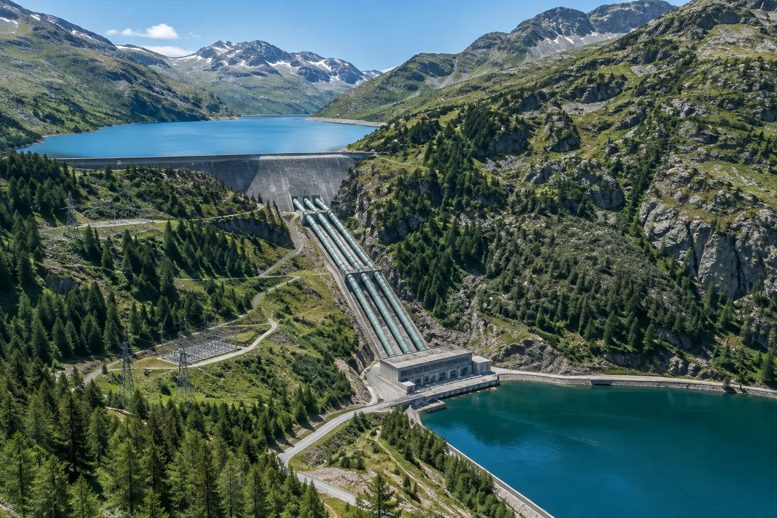 Deux retenues de montagne reliées par les conduites d’une station de pompage-turbinage.