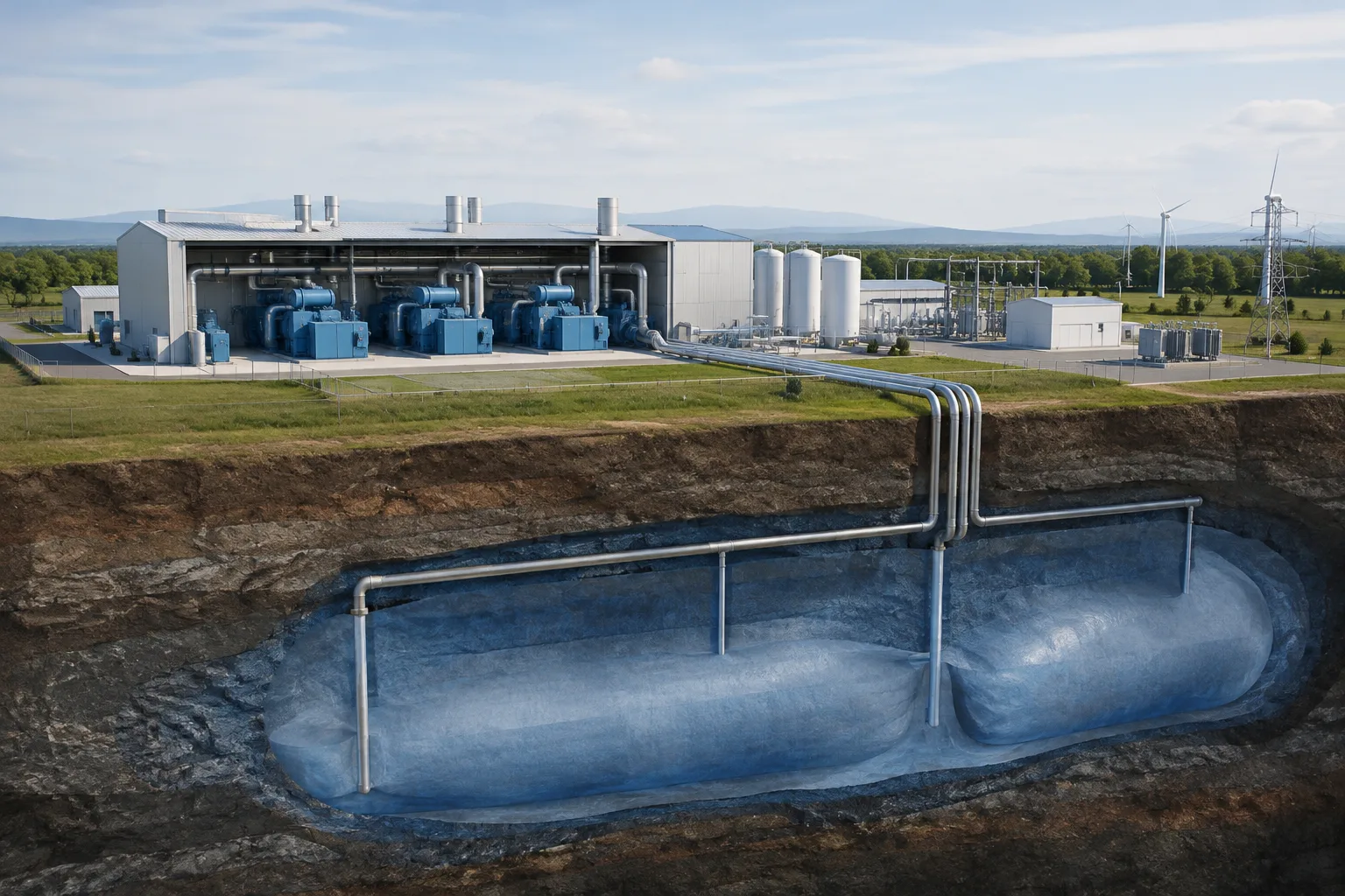 Installation industrielle de stockage par air comprimé avec des conduites et des équipements de compression.