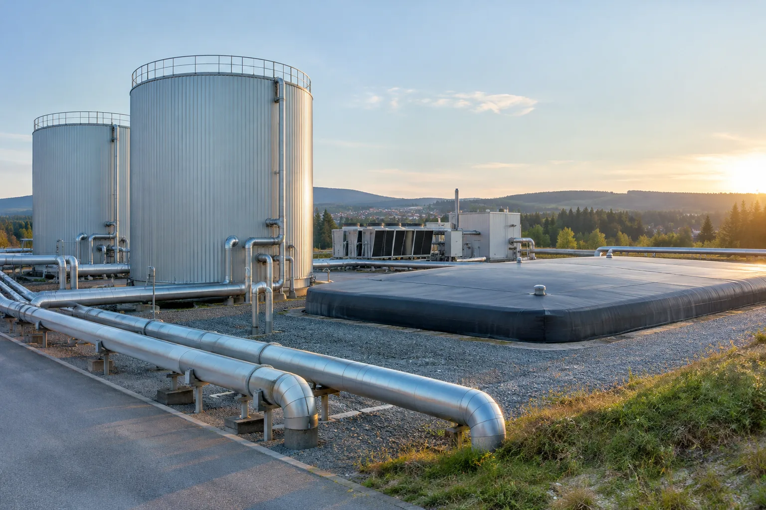 Réservoirs et conduites d’une installation de stockage thermique raccordée à un réseau de chaleur.