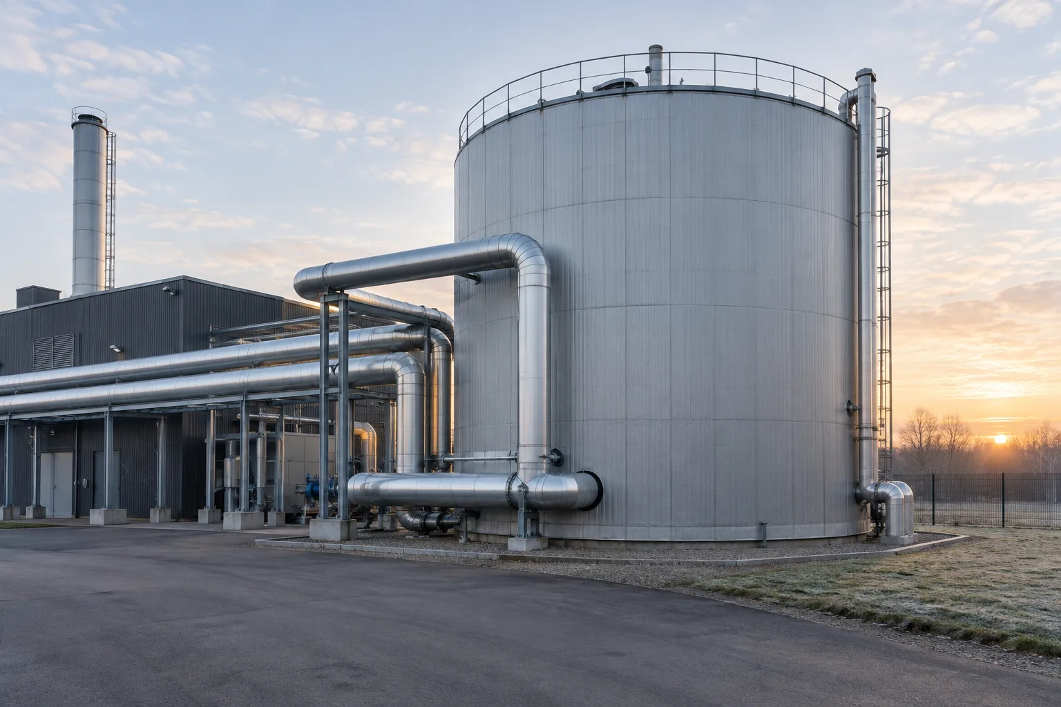 Grand réservoir isolé de stockage thermique raccordé à des canalisations dans une installation de réseau de chaleur.