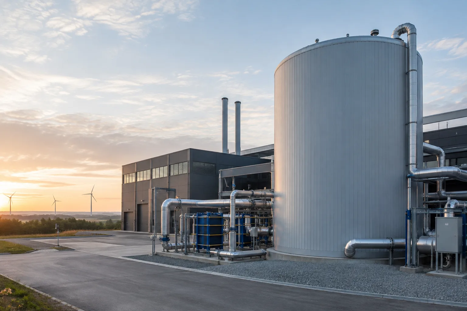 Réservoir de stockage thermique raccordé à une installation de réseau de chaleur.