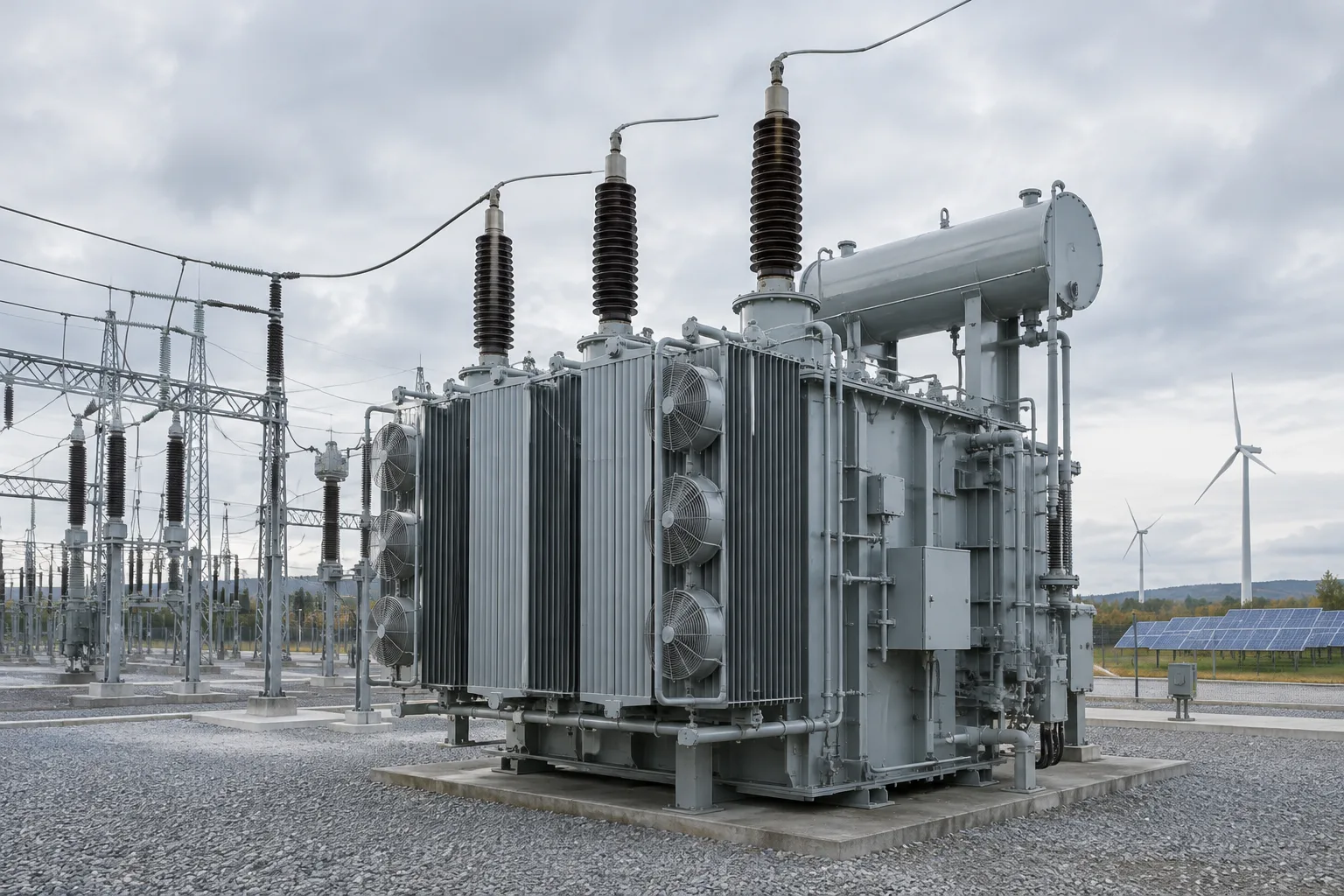 Transformateur de puissance et ses radiateurs dans un poste électrique raccordé au réseau.