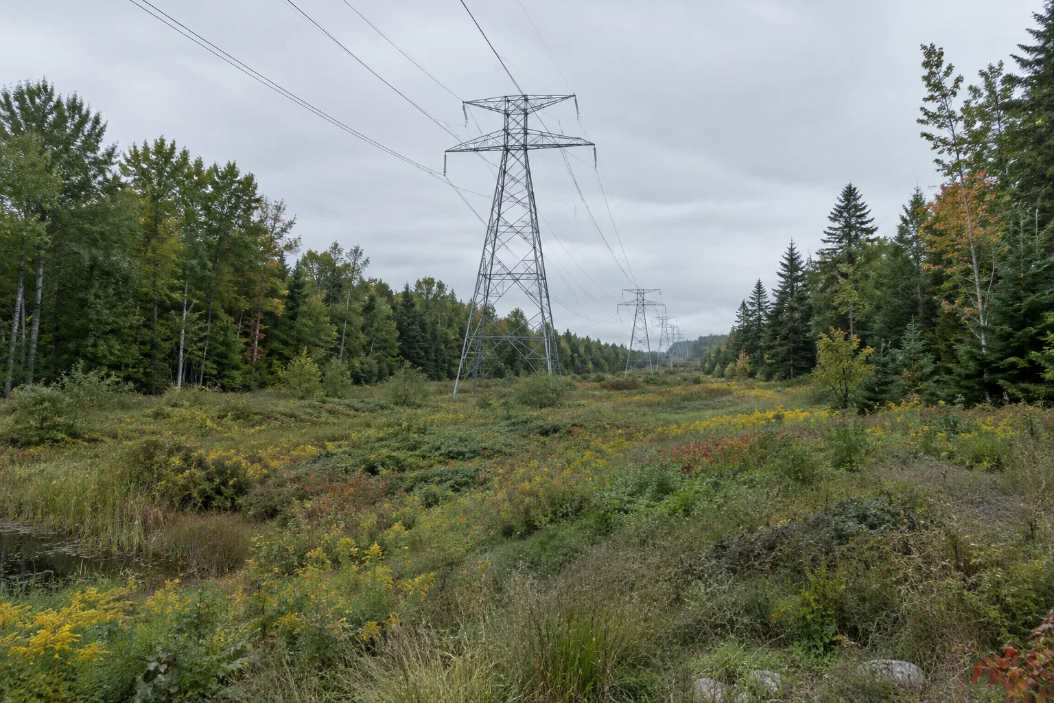 Ligne électrique traversant une prairie où la végétation est entretenue de façon différenciée.